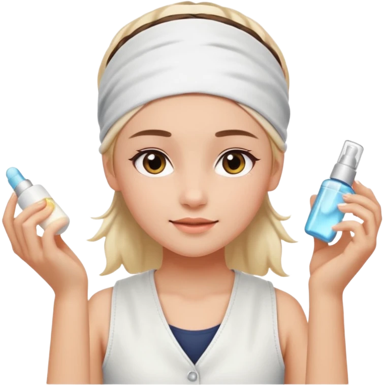 Clean girl aesthetic emoticons, apply skincare products, headband, glowing skin, white vest, soft lighting emoji