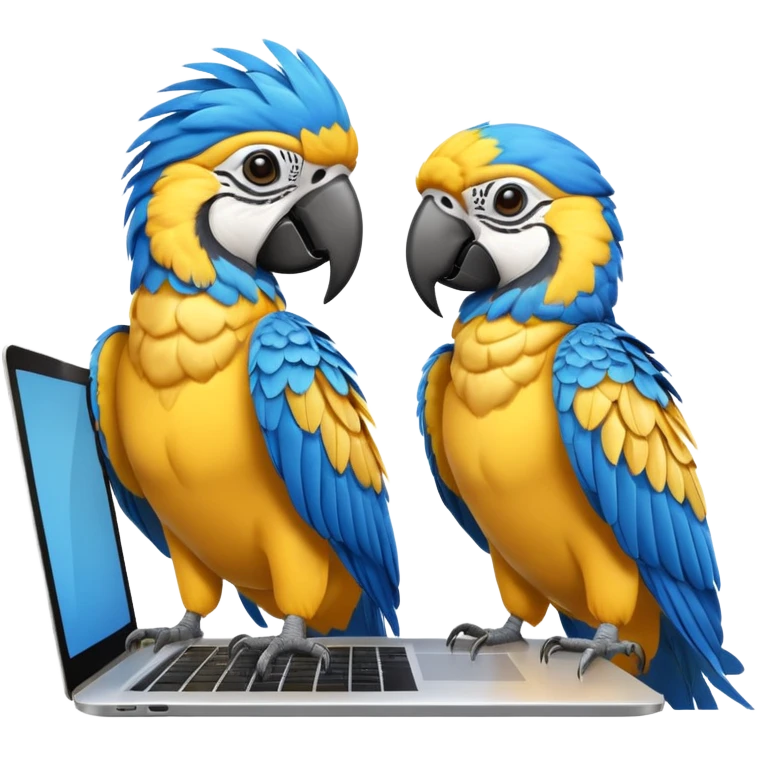 Two yellow and blue macaws using a laptop emoji