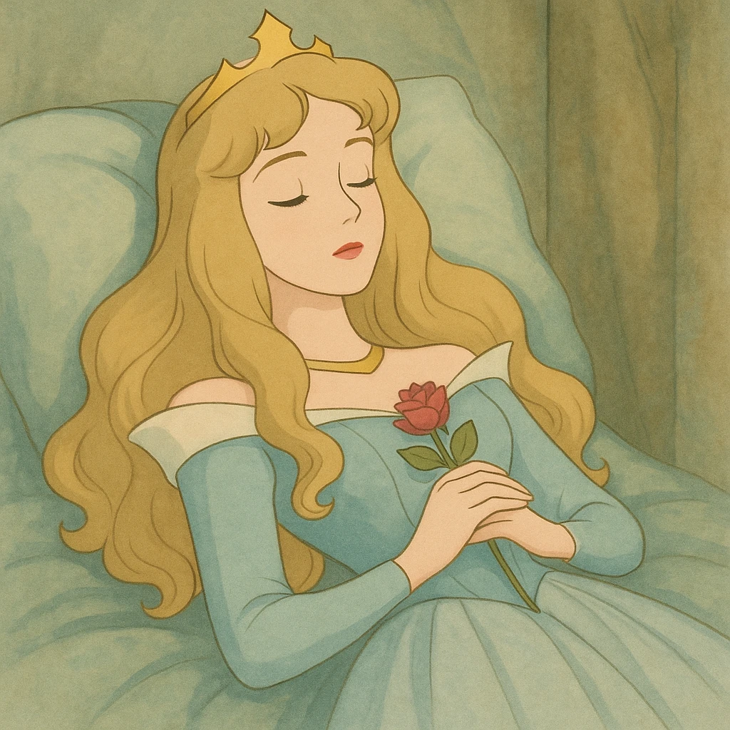 Sleeping Beauty as a dreamy princess, classic fairytale style, soft colors, elegant dress, gentle expression emoji