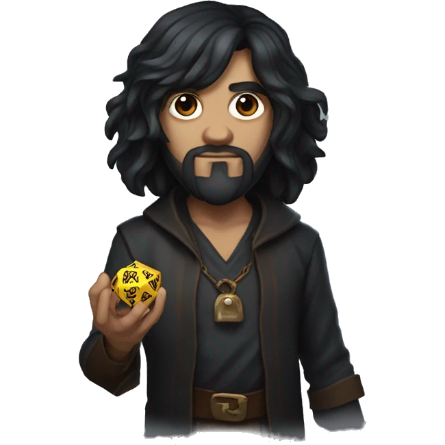 Long dark hair dungeon master holding a D20 dice emoji
