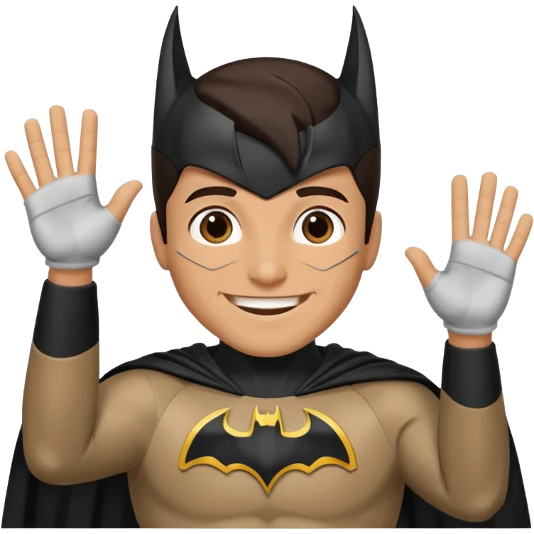 Make a man with brown eyes and dark hair in a Batman costume waving "hello" emoji