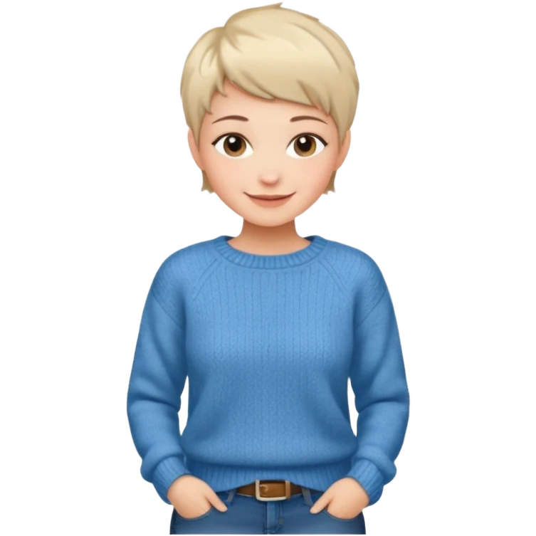 woman sitting chair short pixie hair jeans sweater smile  emoji