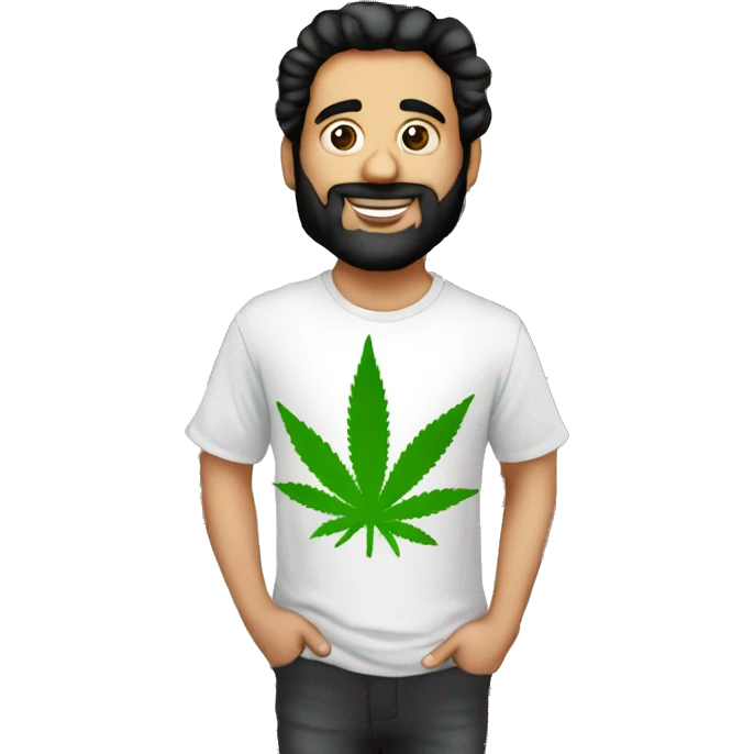 hombre blanco, con pelo negro largo, ojos marrones. remera negra y con chalas de cannabis emoji