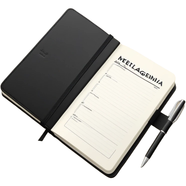 An elegant Moleskine notebook with elastic band, open to display a meeting agenda with items listed emoji