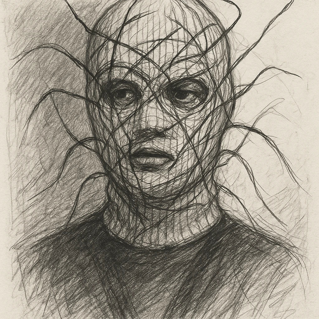 The mask is a full-head, white knitted balaclava with a tight ribbed texture. It features two asymmetrical eye openings and a partially exposed mouth area. Black thread is stitched across the surface in chaotic, abstract lines that trace facial features, giving a hand-drawn effect. Several black cords extend outward from the mask, varying in length and direction, adding a sculptural, almost organic appearance. The overall look is bold, handcrafted, and visually striking. emoji