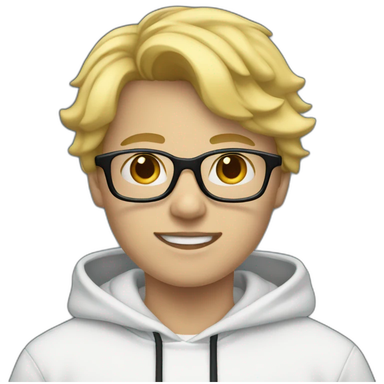 blonde boy with a white hoodie and black shoes and blue glasses and jeans emoji