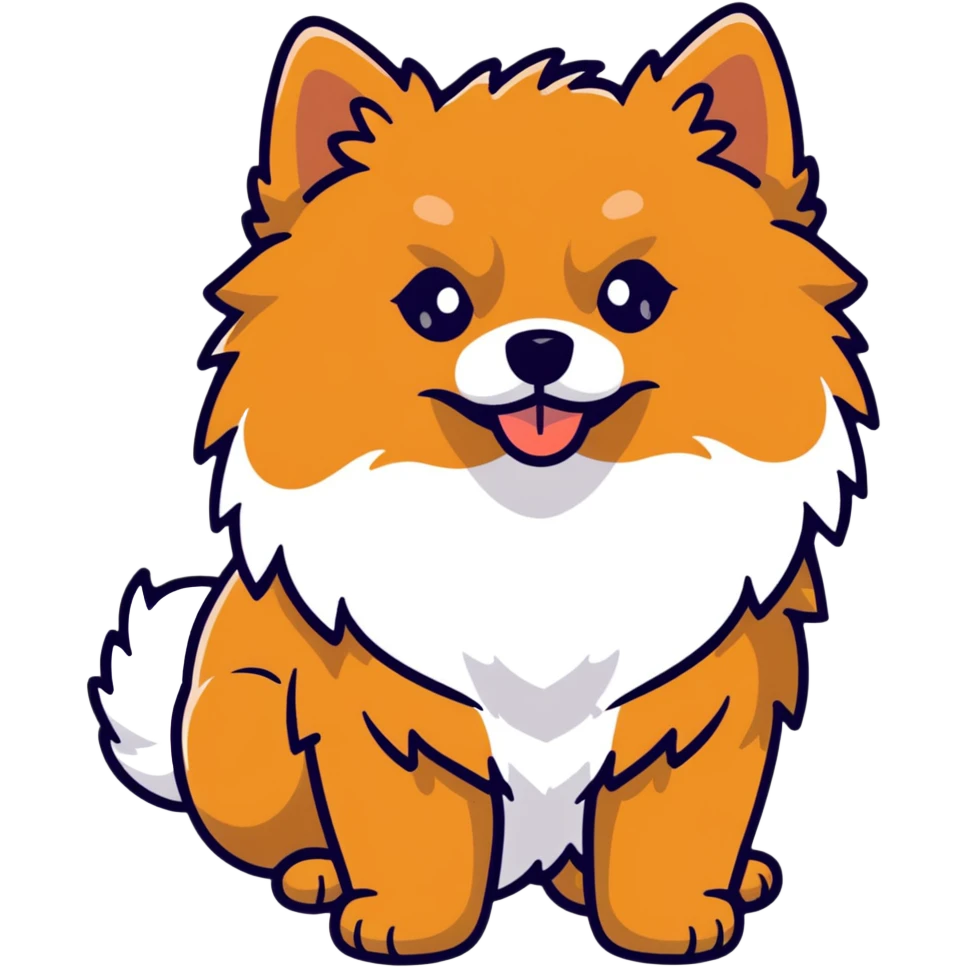 fluffy black and tan Pomeranian dog face, large round eyes, button nose, tan muzzle, tan eyebrow spots, thick ruff of fur, upright tousled ears, friendly and cute emoji