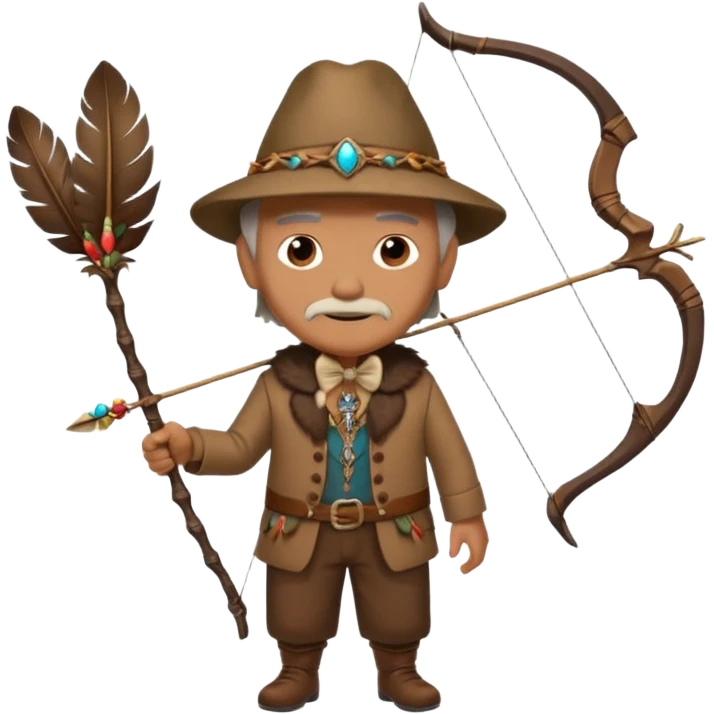 The classic image of a middle-aged uncle hunter carrying a bow, dressed in brown clothes, with some ornaments made of feathers, bones or teeth on his body. emoji
