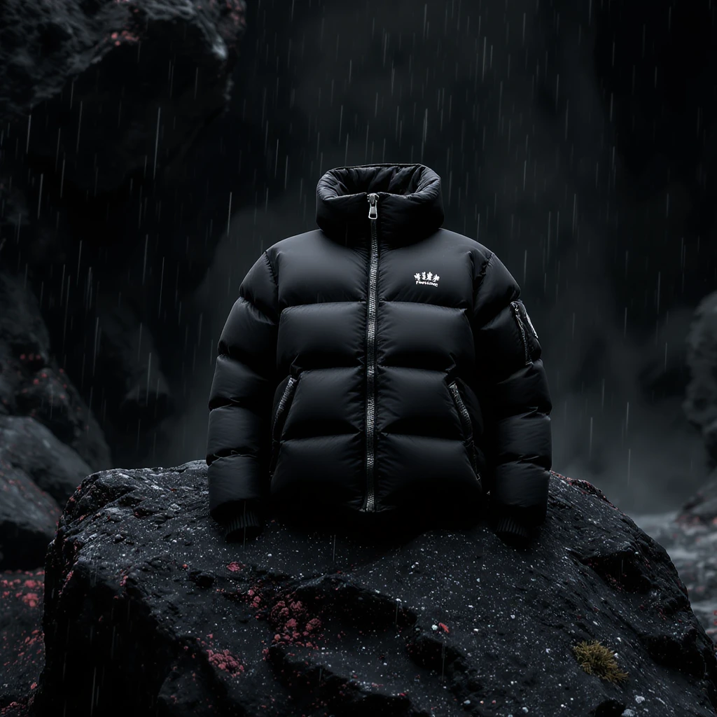 cinematic still of a black puffer jacket around black stone with red coal temeperature environment emoji