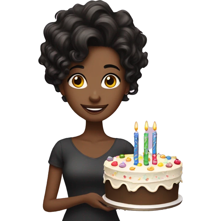 Beautiful black wavy hair Girl holding birthday cake  emoji