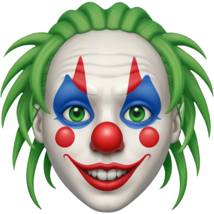 White face clown, with green dreadlocks, red lips, red ball nose, and blue eye paint emoji