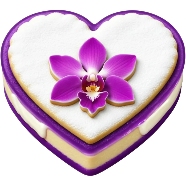 Realistic shortbread cookie in the shape of a heart with orchid purple color jelly middle filling and sprinkled powder sugar on top. emoji