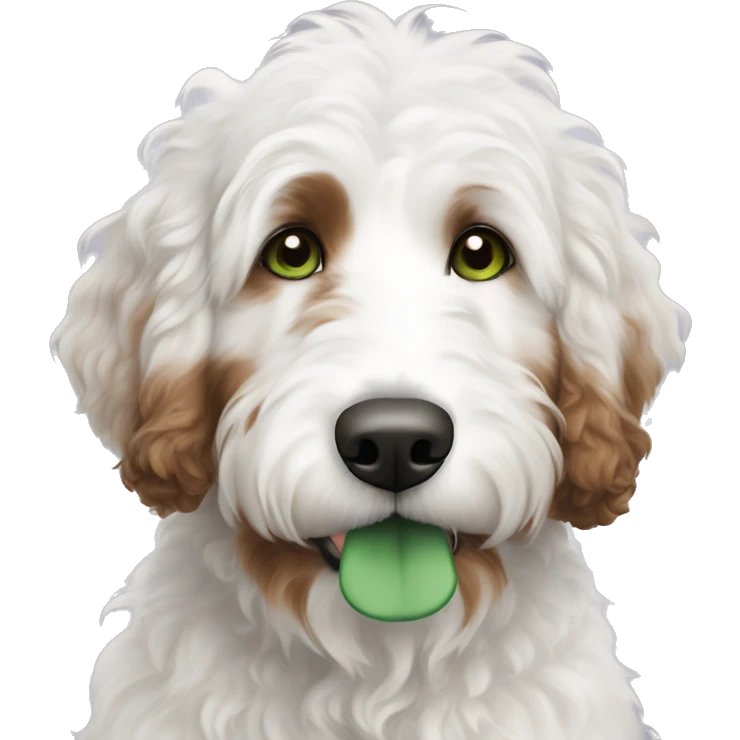 white bernedoodle with brown spots and green eyes emoji