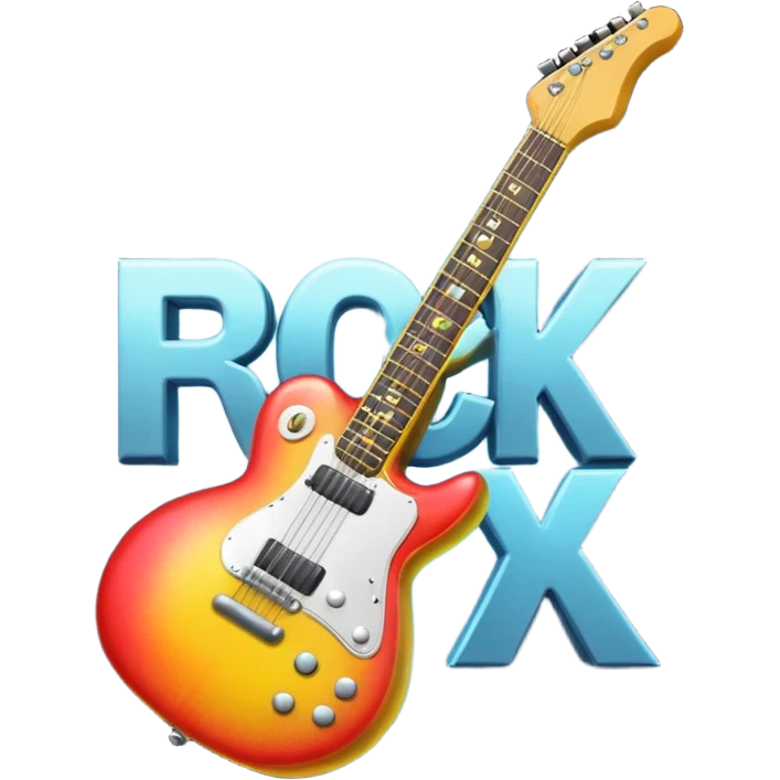 A 3D Apple-style emoji showing the word "ROCK" in bold metallic letters, with a small electric guitar leaning on the text, vibrant glowing effect, playful and energetic cartoon style, symbolizing rock music. emoji