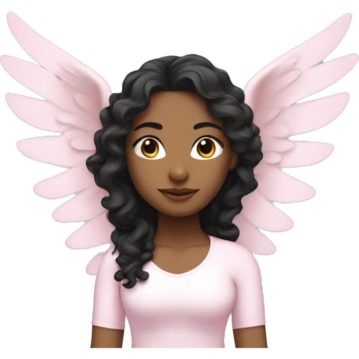 yoga girl wearing light pink with long black curly hair and angel wings emoji