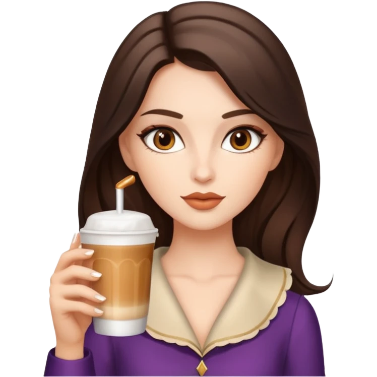 white brunette with brown eyes and a coquette outfit, drrinking caramel machiatto emoji