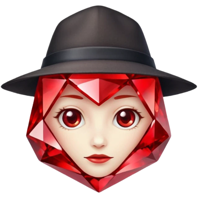 A single red crystal gemstone character wearing hat,  irregular with faceted very sharp sides,, , high detail, emoji