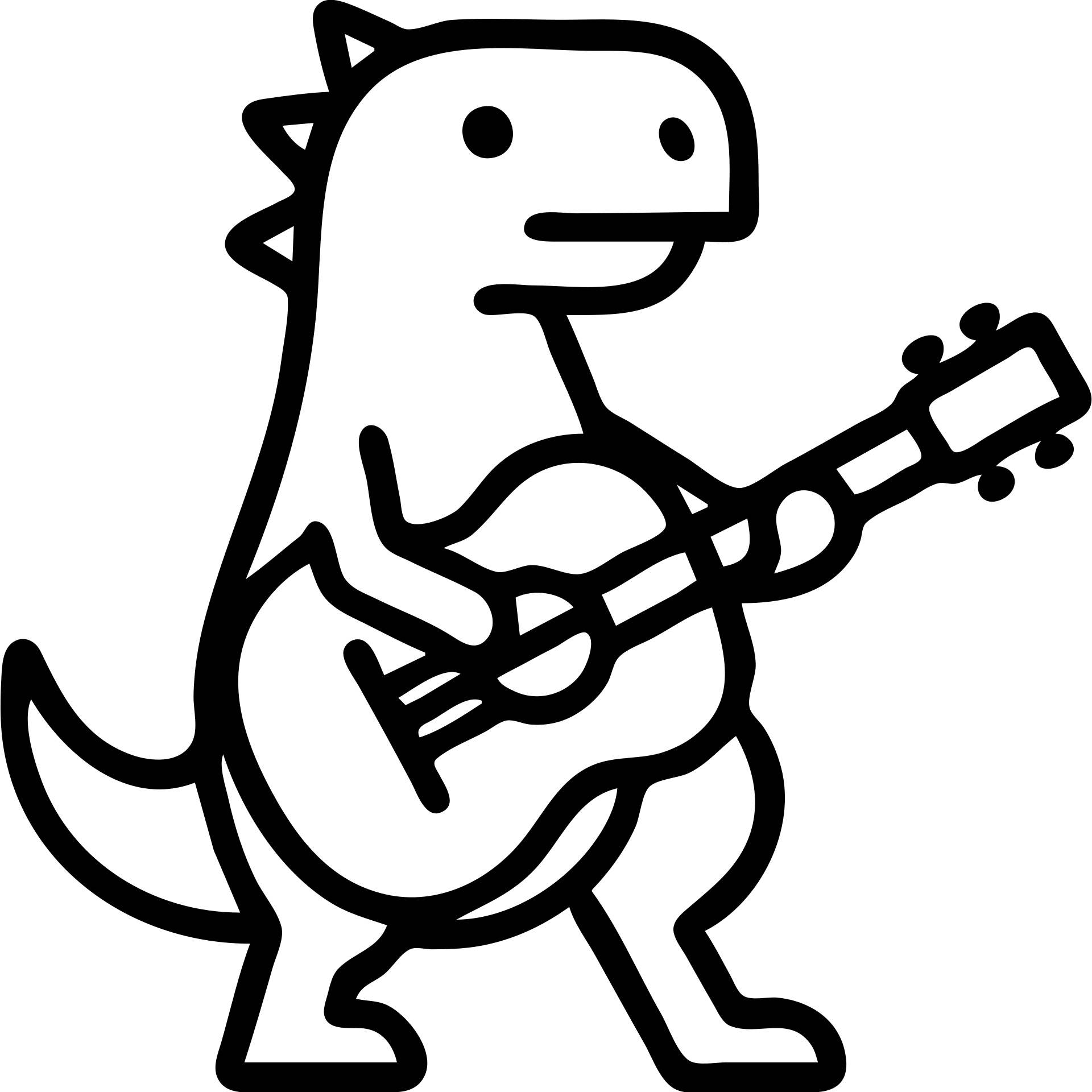 dinosaur playing guitar, minimalist black outline icon style, no fill, simple lines emoji
