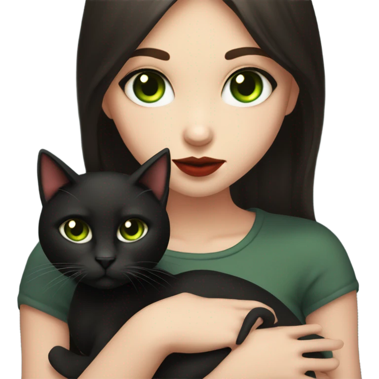 A teenage girl with white skin, she have some green hazel eyes, red lipstick, mid long straight dark brown hair, she have an eyeliner and she is holding a black cat in her arms, view from close emoji