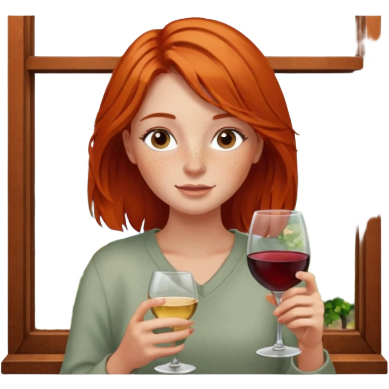 girl with rust colored hair and lots of freckles enjoying wine by window emoji