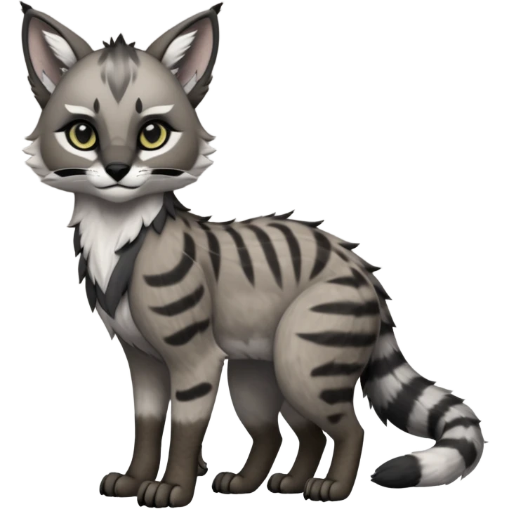 Cute kawaii cool edgy badass  ashen grey fur with smoky charcoal ombré fade fantasy-caracal-civet-genet-sergal-vernid-Gryphon-Cacomistle-Trico-oncilla-animal-Fakémon-hybrid-fursona (full body), facial markings, (realism style) emoji
