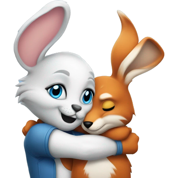 bunny with blue eyes and fox with a tattoo on his arm hugging emoji