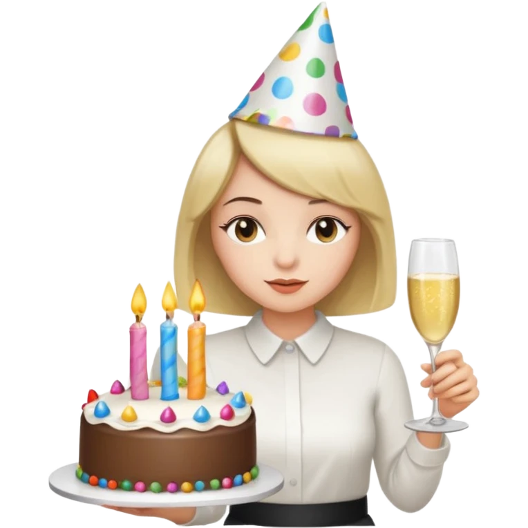 una festa di compleanno con una camicia bianca UNA ragazza con il caschetto e una torta e un cappellino  emoji