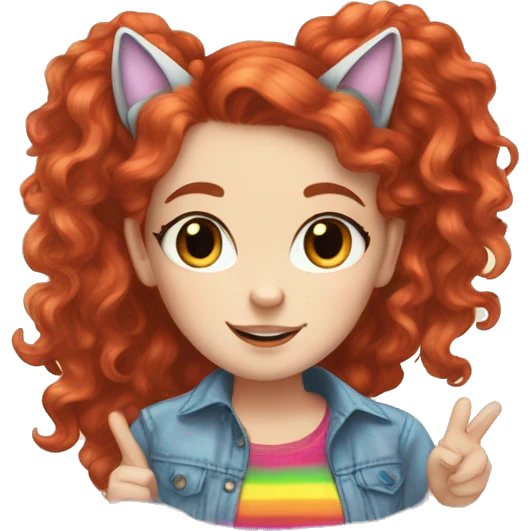 a white girl with long red curly hair in a pony tail with rainbow shirt does peace sign wearing cat ears one black other white emoji