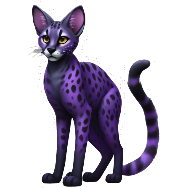 Epic Edgy Colorful Cool Cute Realistic Black and Purple ethereal Serval-Fionbri fursona with white belly full body emoji