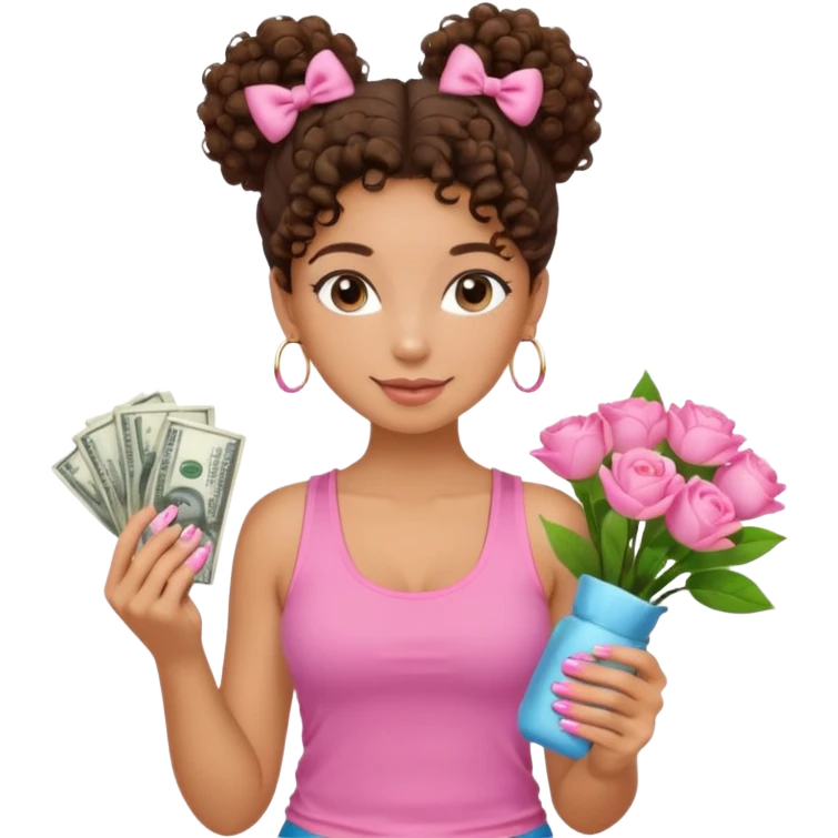 Uma menina com o cabelo cacheado com um Coque com baby hair, morena, e com uma regata rosa com um gloss na frente da regata ,com unha em gel,e com dinheiro na mão ,e com flores na outra mão,  emoji