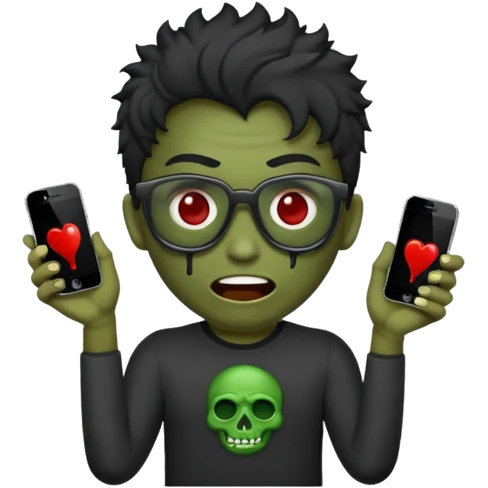 Crie um zumbi com sangue estilo emoji do iPhone com cabelo ondulado grande preto com camiseta preta e óculos de grau preto emoji