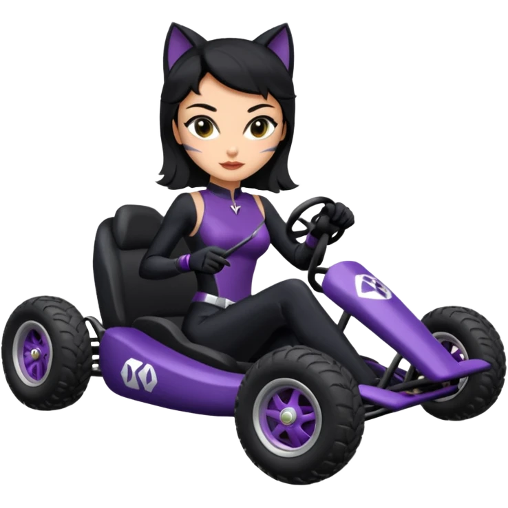 full size real-appearance road glowing racing sexy buxom CatWoman’s feminine midnight-colored tight outfit sixty’s tv show dark stealthy accurate sporty safe plush deluxe off-road pursuit drifting car jaguar (black hair,reclined and relaxed torso and shoulders back seating position) cross kart  emoji