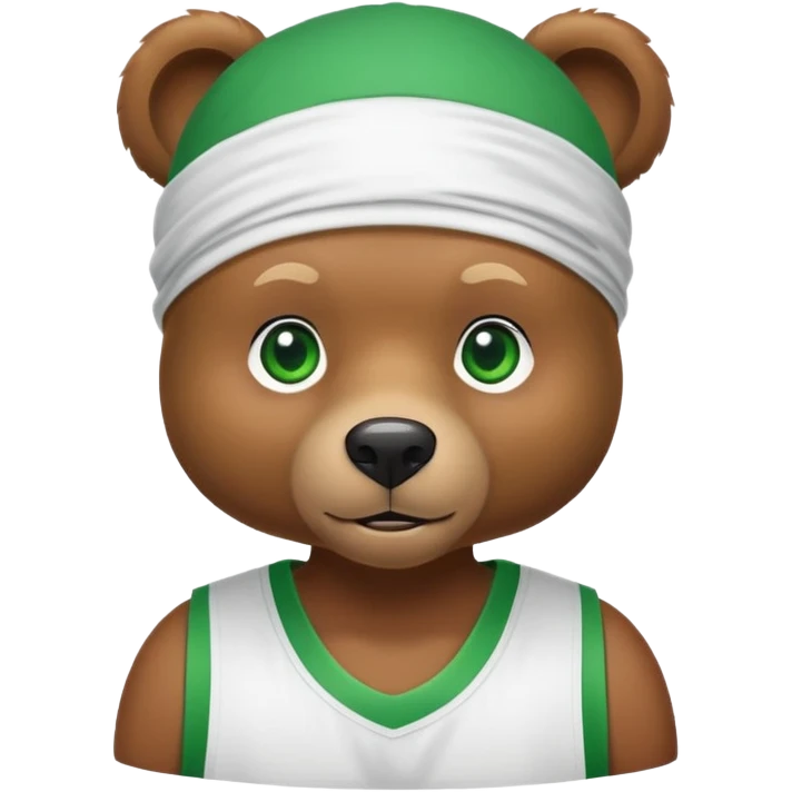 Cute brown bear with green eyes shown up to shoulders, wearing a white durag and black basketball jersey, visible upper chest and shoulders, iOS emoji style emoji