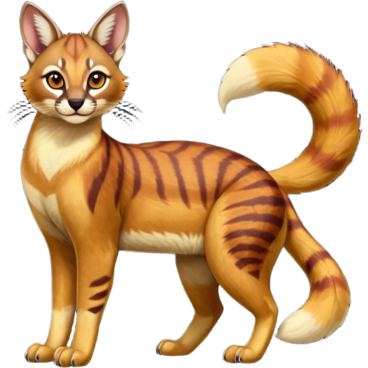 Dark gloomy red-golden-brownish-beige-gradients colorful painted marked patterned Asian glorious divine exotic cute cool beautiful shiny beautiful fantasy-caracal-civet-genet-sergal-vernid-Cacomistle-oncilla-animal-Fakémon-hybrid-fursona (full body) emoji