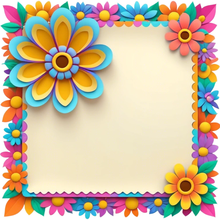 3D, psychedelic colored note paper with hippie style flower border emoji