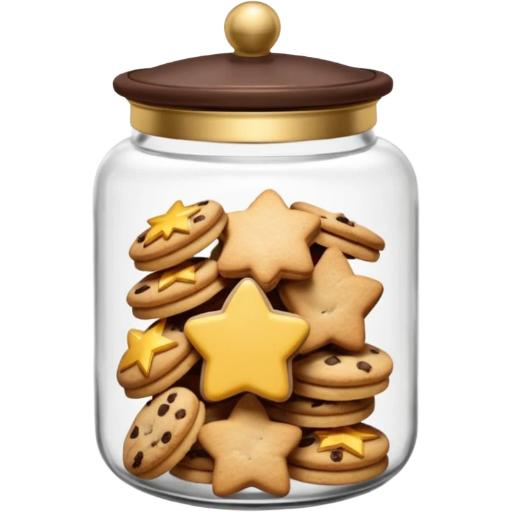 Realistic glass cookie jar with brown lid full of stars cookies emoji