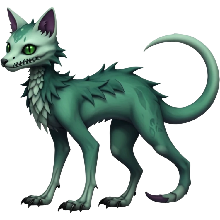 Bloody gory spectral spooky dark bleak blackish swampy white-skeletal gloomy ghostly dark greyish dark-deep-greenish foggy eldritch beautiful realistic edgy fantasy ghoul-like stitched feline-vernid-sergal-fursona animal creature with a tufted tail full body with intricate markings  emoji