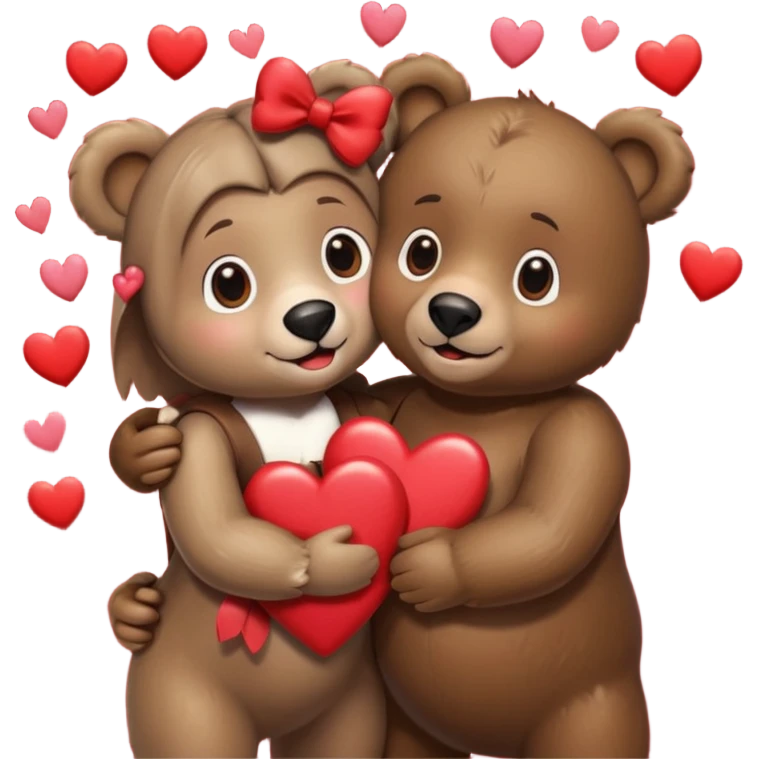 female bear with bow on her head and male bear hugging, couple, surrounded by hearts, playful and loving, cute emoji