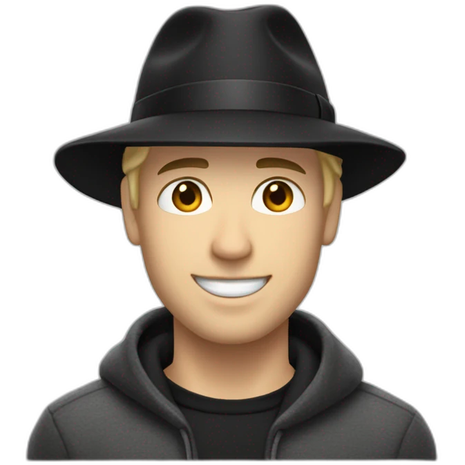 White smirking man with short blond hair wearing a fedora black hat, and a black adidas long sleeve sweater emoji