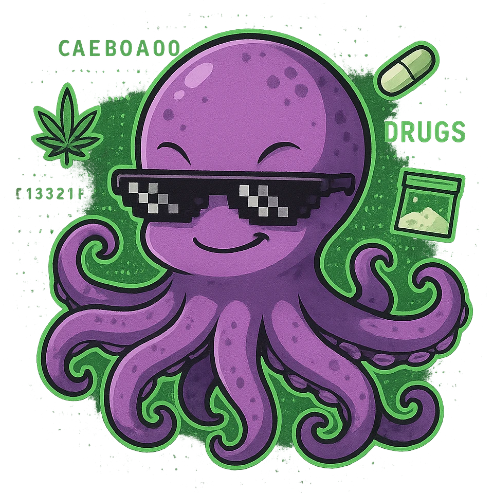 cute small anime kraken with a sly smile, wearing hacker sunglasses, surrounded by digital code and subtle drug references, darknet and drugs theme emoji