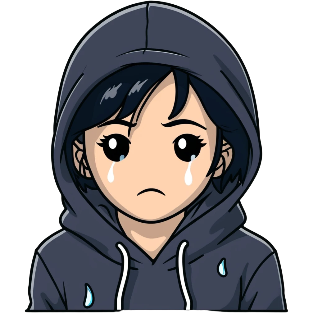 girl with black hair in black hoodie with tears streaming down her face emoji