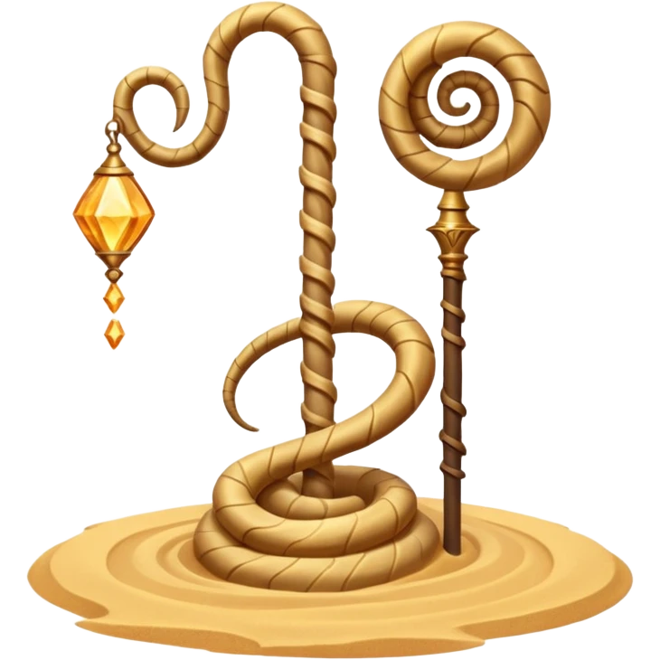 desert sand mage staff object icon, ancient staff with serpent coils around it, glowing golden sand gem on top, swirling sand aura, fantasy desert weapon, 3D cartoon, mobile game icon style, centered, clean background, no text, no watermark
 emoji