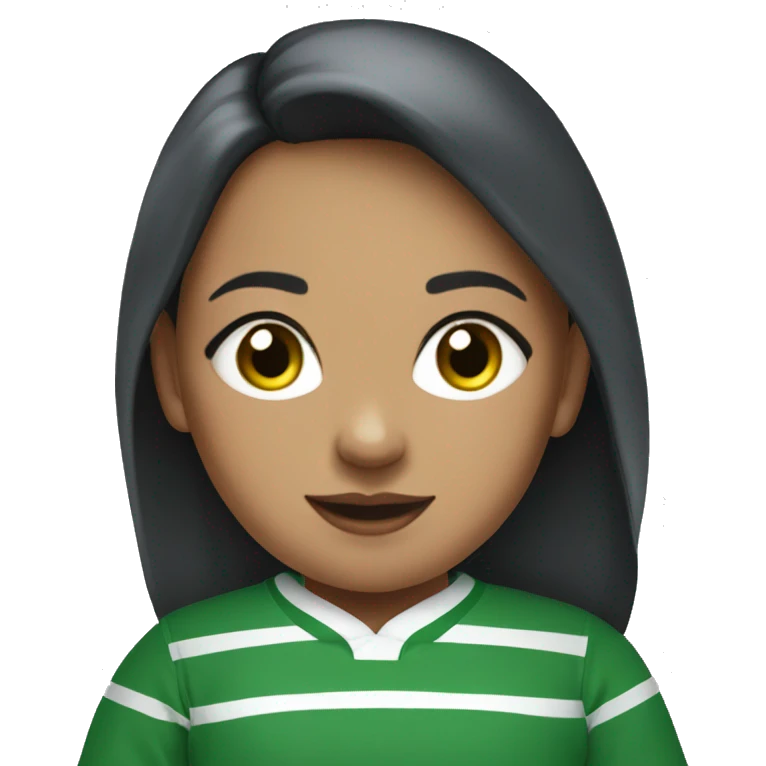 Girl wearing blue rugby sweater with two green stripes at the bottom. Stripes are at the bottom. Long sleeved sweter emoji