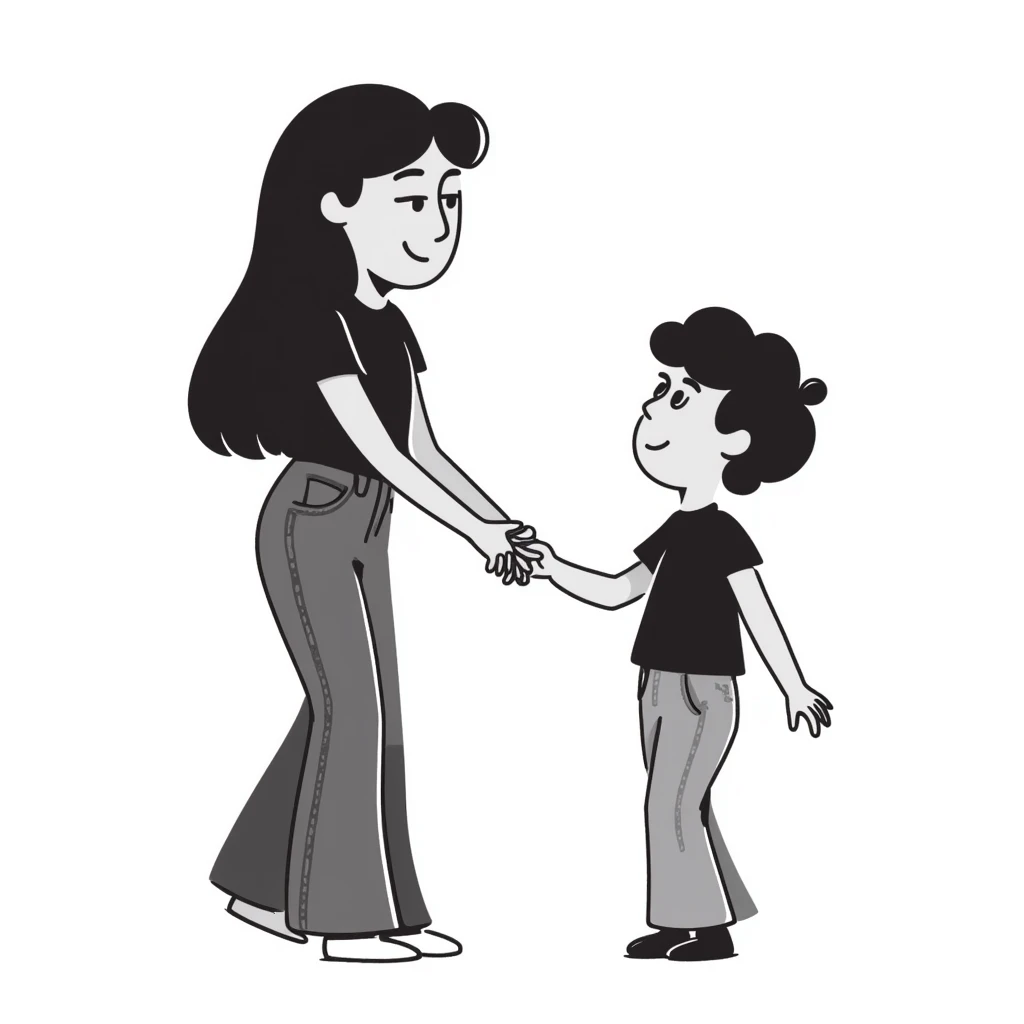 A girl with long brown hair holding the hand of a boy with short black hair, she wearing a black tank top with flared blue jeans, he wearing a black t-shirt with grey jeans, couple in love emoji