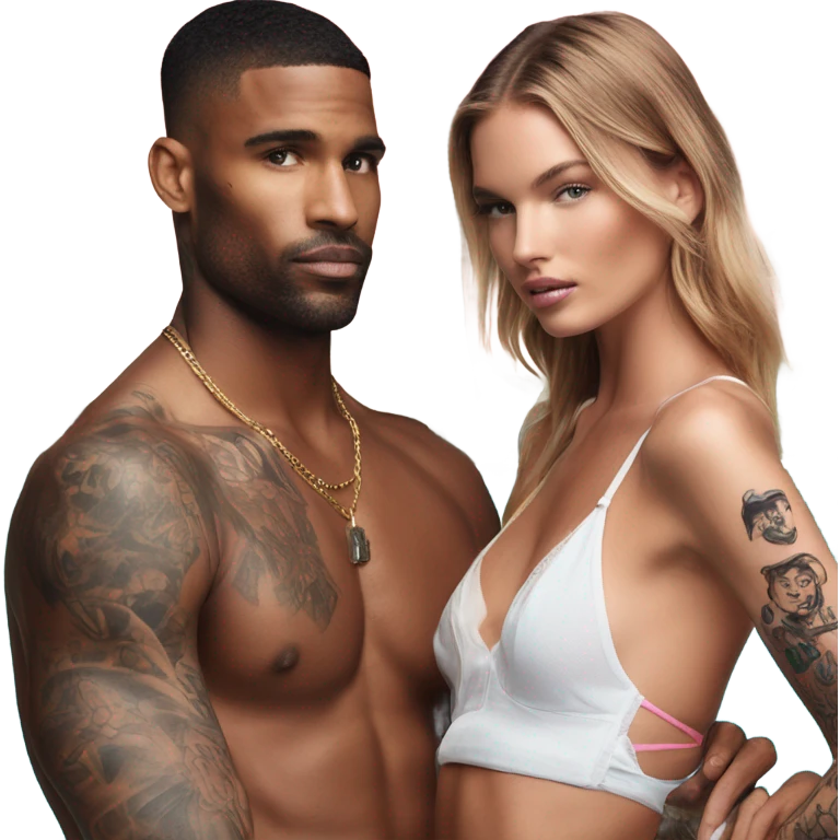Photo of Victoria secret model by the pool with a tattooed male model  emoji