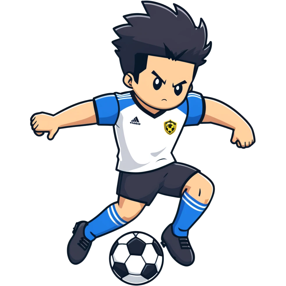 Bad ass anime soccer guy playing soccer he has black hair and in the background there is a gaming computer emoji