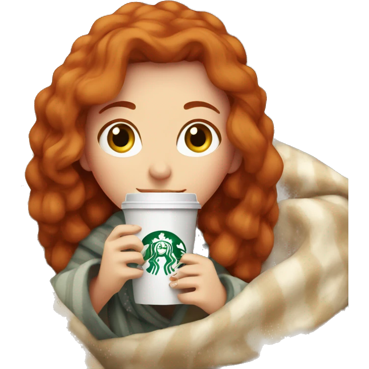 Redhead girl in cozy blanket drinking Starbucks emoji