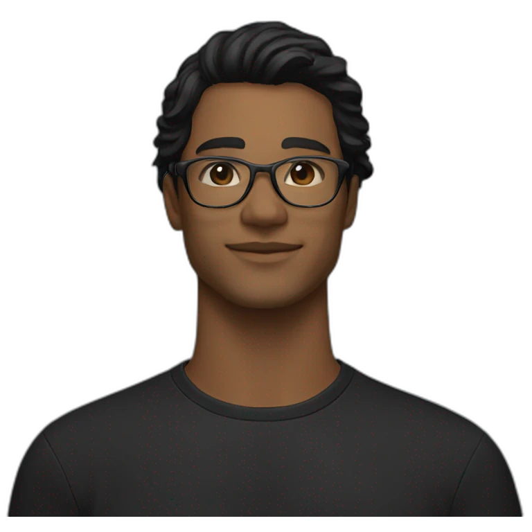 Light Brown guy, black medium long wavy hair, no facial hair, transparent aviator glasses, black t shirt emoji