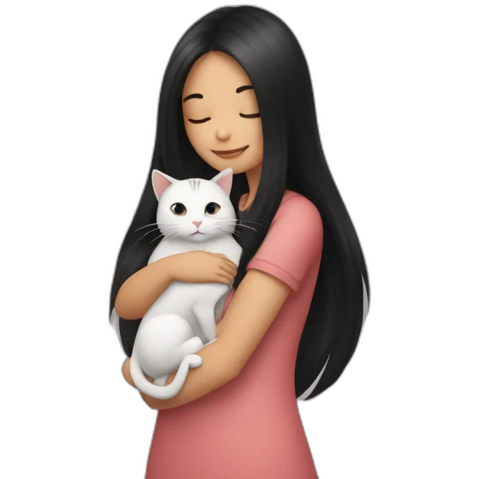 A girl with long black hair hugging a beautiful cat emoji