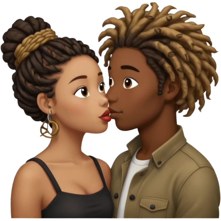 Brown boy with dreadlock kissing black girl with curly bun emoji